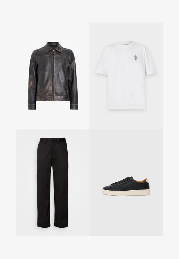 Black leather jacket with a zip closure, standing collar, and subtle distressed texture. Features a circular hardware accent on the zipper.; White cotton t-shirt with a relaxed fit, featuring a small black graphic logo on the left chest area. Short sleeves, crew neck style.; Black trousers made of smooth fabric, featuring a zip fly, button closure, and rolled cuffs for a casual design.; Black leather sneakers with a smooth texture, beige rubber sole, lace-up design, and a contrasting heel accent.