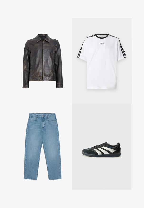 Črna usnjena jakna z zadrgo, stoječim ovratnikom in rahlo obrabljenim videzom. Ima krožni dodatak na zadrgi.; Bela majica iz bombaža z črnimi okroglimi izrezi in tremi črnimi črtami na vsakem ramu. Majhen črn logotip na prsih.; Svijetloplavi traper široki traperice s visokim strukom, s pet džepova, petljama za remen i mekom, pomalo izblijedjelom teksturom.; adidas Performance PREDATOR FREESTYLE JUDE INDOOR FOOTBALL SHOES - Dvoranske nogometne kopačke - core black/silver-coloured/glory blue