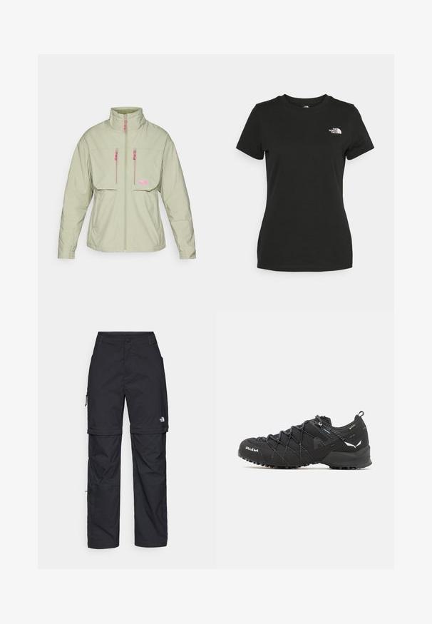 Giacca verde chiaro con zip e colletto alto. Presenta dettagli della zip in rosa e due tasche sul petto. Texture liscia e design moderno.; T-shirt in cotone nero con collo a giro e maniche corte. Logo bianco ben visibile sulla parte superiore sinistra. Tessuto liscio, vestibilità casual.; Pantaloni cargo in nylon nero con zip rimovibile, polsini regolabili, molteplici tasche e un logo sulla gamba destra. Tessuto liscio e leggero.; Scarpe da trekking nere con tomaia in tessuto testurizzato, sistema di allacciatura e suola in gomma robusta. Accentuate da dettagli riflettenti e loghi.