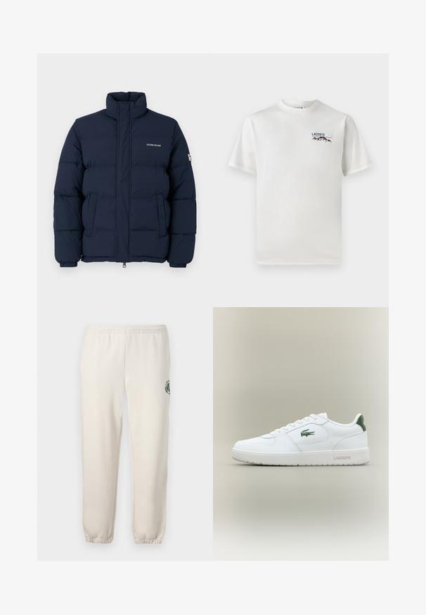 Tums zilas krūškurvja jaka ar augstu kaklu, rāvējslēdzēju un izteiktu šuvju rakstu; ar logotipu uz krūts un elastīgām piedurknēm.; Balts kokvilnas T-krekls ar apaļu kakla izgriezumu, īsām piedurknēm un mazu izšūtu logo ar kalniem un tekstu kreisajā krūtīs.; Gaiši bēši kokvilnas sporta bikses ar elastīgu jostu, ribotām apakšmalām un zaļu logotipu ar lapu dizainu kreisajā kājā.; Baltas ādas sneakers ar gludu apdari, zaļiem akcentiem uz papēža un zaļu logotipu sānos. Iezīmē platu zoli un apaļu pirkstu.