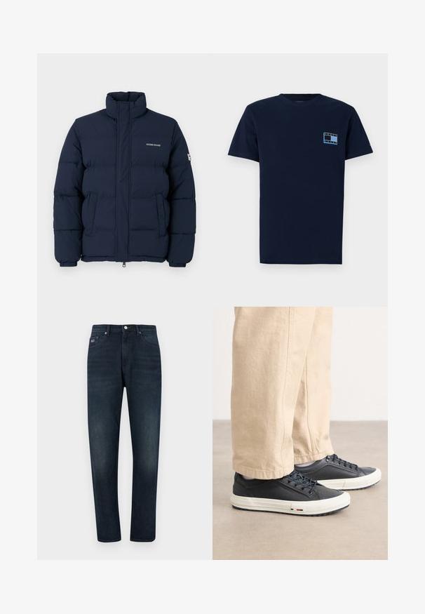 Tamno plava pufasta jakna s visokim ovratnikom, zatvaranjem na patentni zatvarač i istaknutim kvačicama; ima logotip na prsima i elastične manžete.; Tamnoplava pamukasta majica s kratkim rukavima, s malim grafičkim detaljem na prsima u svijetloplavoj i bijeloj boji s natpisom "TOMMY JEANS". Klasičan kroj.; Tamno plave traperice s klasičnim krojem, koje imaju zip zatvarač, pet džepova i malu oznaku s logom na lijevom prednjem džepu.; Tamno plave tenisice s glatkom kožnom gornjom dijelom, bijelim gumenim potplatom i detaljnom vezicom. Uparene s bež, širokim hlačama.
