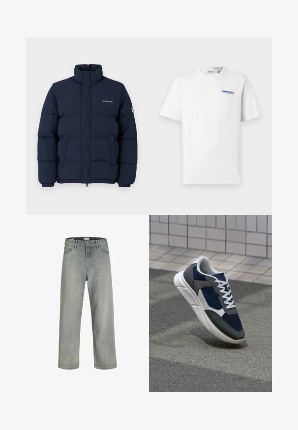 Tumesinine puhvjak märk, kõrge krae, lukuga sulgemine ja silmapaistev soonikmust; sisaldab rinda paigaldatud logo ja elastseid mansette.; Valge lühikeste varrukate ja ümmarguse kaelusega T-särk, mille ees on väike sinine tekst "UNDERDOGS" ja ülemises vasakus rinnakus lisatekst.; Heledad hallhallid, laia lõikega denimist teksased. Omavad klassikalist viie tasku disaini, vööloopse ja sirget säärelõiget.; Sneaker, mille sinine võrkkangas, hallid nubukdetailid, valge kummitald ja lamedad valged paelad, disainitud mugavuseks ja hingavuseks.