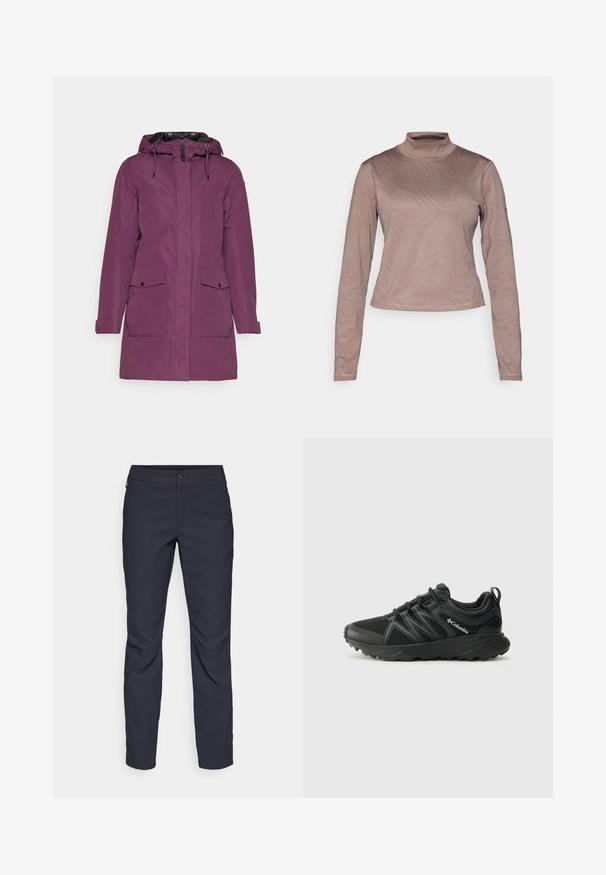 Μωβ αδιάβροχο parka με κουκούλα, διαθέτει κλείσιμο με φερμουάρ, δύο μπροστινές τσέπες και ρυθμιζόμενους καρπούς για ασφαλή εφαρμογή.; Columbia GRANITE POINT™ - Μπλούζα με μακριά μανίκια - iron; Ναυτικού χρώματος παντελόνι από λείο ύφασμα, με κλείσιμο μπροστά με κουμπί, σε εφαρμοστό σχέδιο και πτυχώσεις στα γόνατα.; Columbia PEAKFREAK - Παπούτσια πεζοπορίας - black