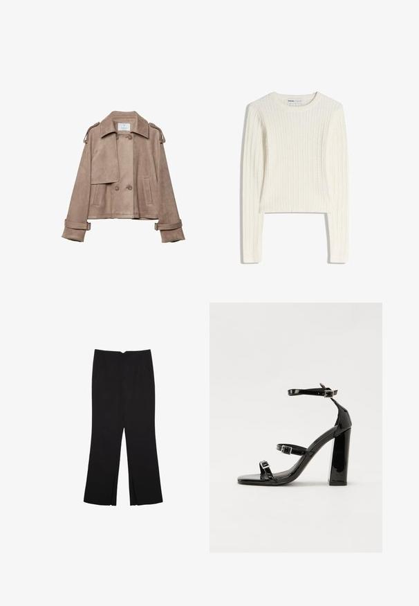 Beige Wildlederjacke mit doppelter Knopfleiste, breitem Kragen und Schulterklappen. Verfügt über große Knöpfe und einen Gurt an den Ärmelbündchen, kurzes Design.; Weißer Pullover mit Zopfmuster, langen Ärmeln, rundem Halsausschnitt und gerippter Struktur. Das cropped Design verleiht eine moderne Note.; Schwarze Hose mit geradem Schnitt, ausgestattet mit Fronttaschen und Seitenschlitzen am Saum. Hergestellt aus weichem, glattem Stoff. Geeignet für verschiedene Anlässe.; Schwarze Lackleder-Sandalen mit hohen Absätzen, zwei Riemen mit Schnallen, quadratischer Zehenpartie und klobigem Blockabsatz, mit einer glatten, glänzenden Textur.
