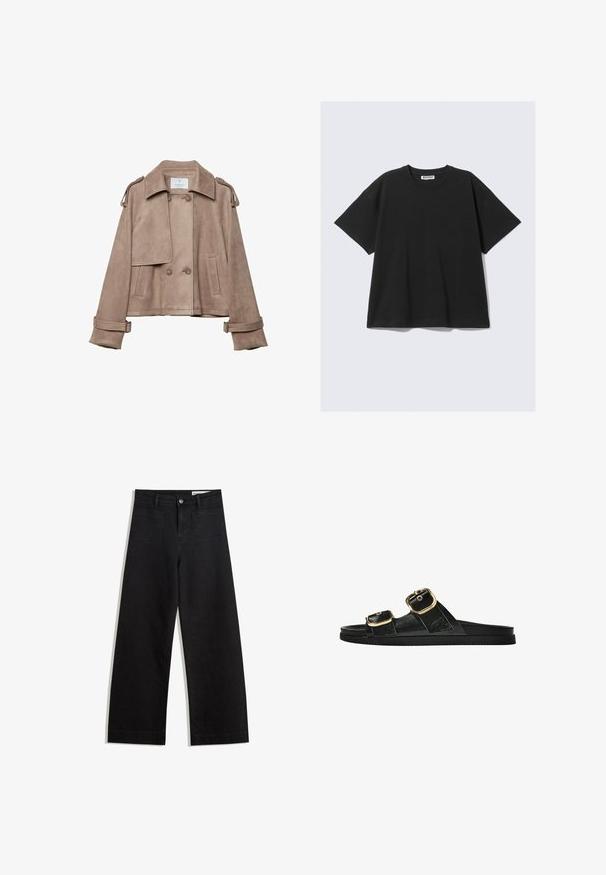Bež suknja jakna s dvostrukim kopčanjem sprijeda, širokim ovratnikom i ramenskim epauletima. Ima velike gumbe i manžete s remenom, skraćeni dizajn.; Crna majica s kratkim rukavima od pamuka, opuštenog kroja, s okruglim izrezom i minimalističkim dizajnom. Nema uzoraka niti vidljivih akcenta.; Crne široke traperice s visokim strukom, s prednjim i stražnjim džepovima, šivenim šavovima i kopčanjem na gumb. Glatka tekstura.; Crne sandale na klizanje s dva zlatna akcenta u obliku kopči, glatkog teksturiranog materijala, ravnim potplatom i minimalističkim dizajnom.