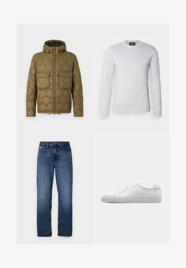 Olivově zelená prošívaná bunda s kapucí, dvěma náprsními kapsami, předním zipem a strukturovaným vzorem. Měkká látka s teplým vzhledem.; Světle šedý pletený svetr s dlouhými rukávy, kulatým výstřihem a malým logem vyšitým na hrudi. Měkká textura, neformální design.; Modré džíny z denimu se střihem rovného nohavice. Mají vybledlé oblasti a drobné opotřebení na přední straně, s klasickým zapínáním na knoflík.; Bílé tenisky s hladkým koženým svrškem a nízkým profilem. Mají zaoblenou špičku, šest nýtů a texturovanou gumovou podrážku.