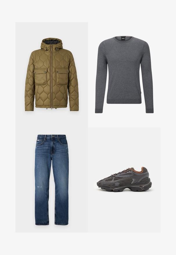 Olive green quilted jacket with a hood, two chest pockets, front zipper, and textured pattern. Soft fabric with a warm appearance.; Grey crew-neck sweater made of soft knit fabric. It features long sleeves, ribbed cuffs and hem, and a small logo tag on the side.; Blue denim jeans with a straight leg design. Features faded areas and light distressing on the front, with a classic button closure.; Lacoste sneakers in dark gray with mesh and synthetic material, featuring a textured sole and brown accents on the collar and branding.