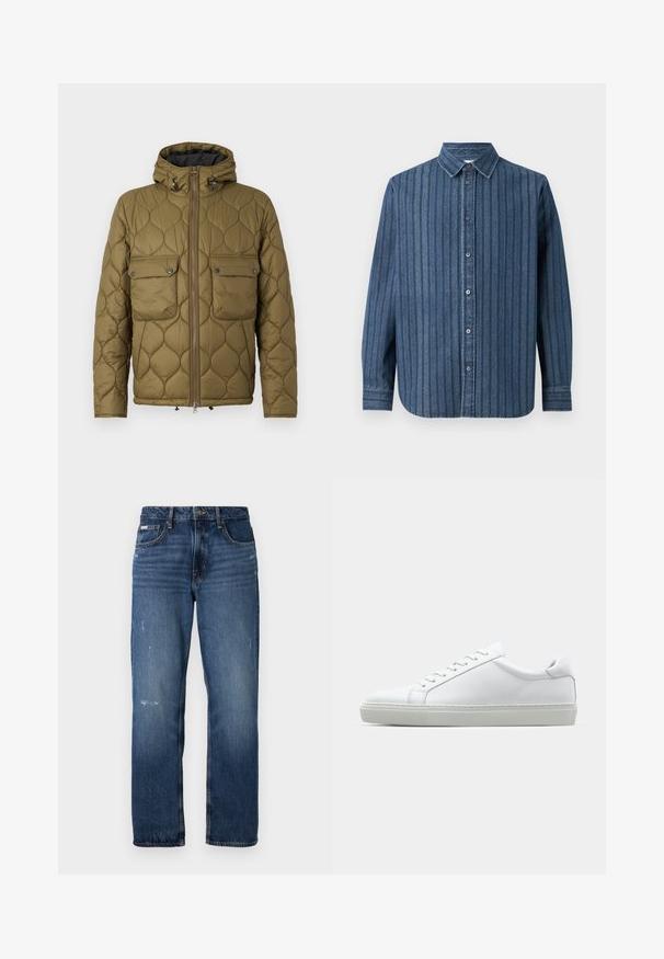 Olívazöld steppelt dzseki kapucnival, két mellzsebbel, elől cipzárral és texturált mintázattal. Puha anyag, meleg megjelenéssel.; Samsøe Samsøe SADAMON SHIRT - Ing - denim; Kék farmernadrág egyenes lábvágással. Halványodott területekkel és enyhe kopással az elülső részén, klasszikus gombzárással.; Fehér sportcipő sima bőr felső résszel és alacsony profilsal. Kerek orr, hat fűzőlyuk és barázdált gumitalp jellemzi.