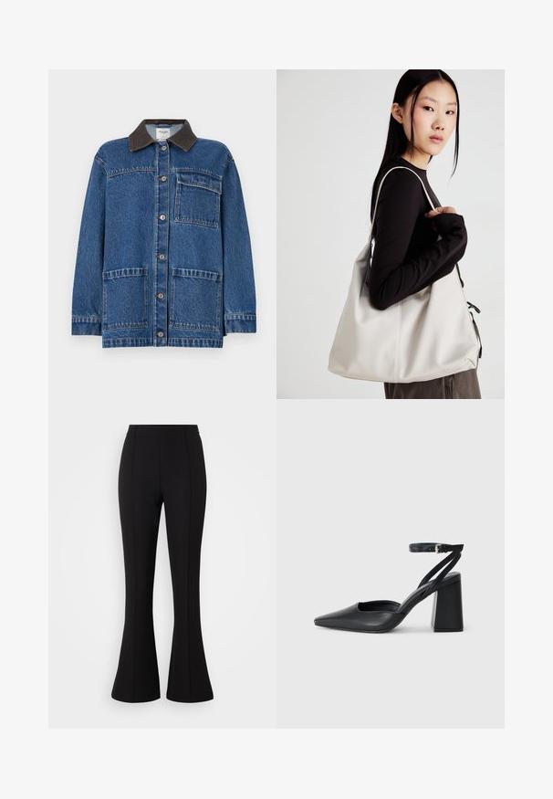 Jachetă din denim de culoare albastru închis, cu guler maro, închidere cu nasturi în față, o buzunar pe piept și două buzunare jos. Croială clasică cu detalii cusute.; Tricou negru din bumbac, cu mâneci scurte, peste un strat alb cu mâneci lungi, având un model texturat subtil. Design cu guler rotund.; Pantaloni negri evazați, realizați dintr-un material elastic, cu o textură netedă, talie înaltă și detalii cu cusături pe partea din față.; Pantofii cu toc ascuțit din piele neagră, cu breteaua pentru glezne și toc gros. Textură netedă, design elegant și estetică minimală.; Geantă bej din material moale, cu un design lejer, detalii cusute și două bretele pentru umăr. Potrivită pentru utilizarea zilnică.