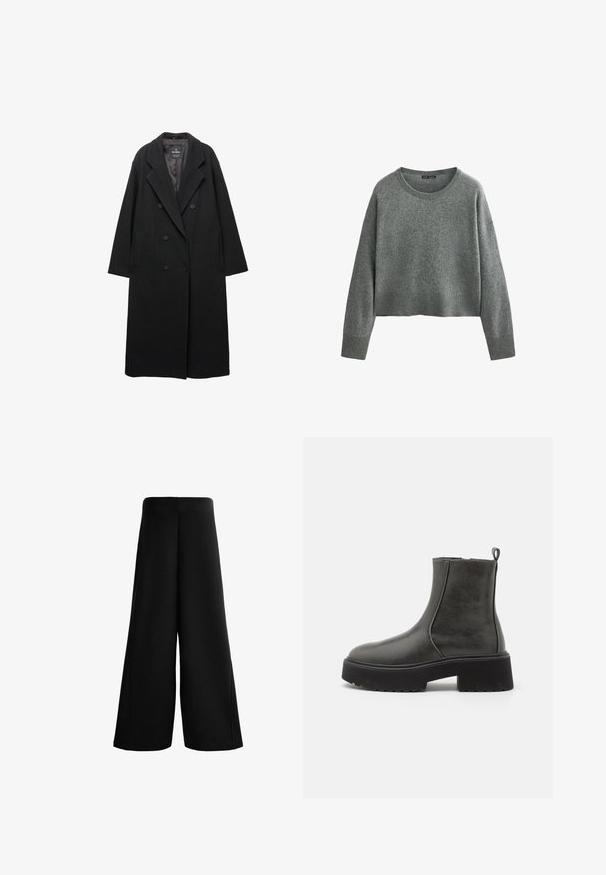 Zgornji del črnega plašča z dvojnim zapenjanjem, izdelanega iz mešanice volne. Opremljen je z velikimi obrnjenimi reverji, stranskimi žepi in rahlo večjim silhuetom.; Siva, skrajšani pulover iz mehke pletene tkanine. Ima okroglo ovratnik in dolge rokave z rebrastimi manšetami in robom. Brez vidnih vzorcev.; Črne hlače širokih nog z mehkim materialom. Imajo visok pas in gladko teksturo s čistimi linijami, ki zagotavljajo ohlapen, sproščen kroj.; Črne gležnjarje s gladkim sintetičnim zgornjim delom, elastičnimi stranskimi paneli, zanka za poteg in debelim gumijastim podplatom.