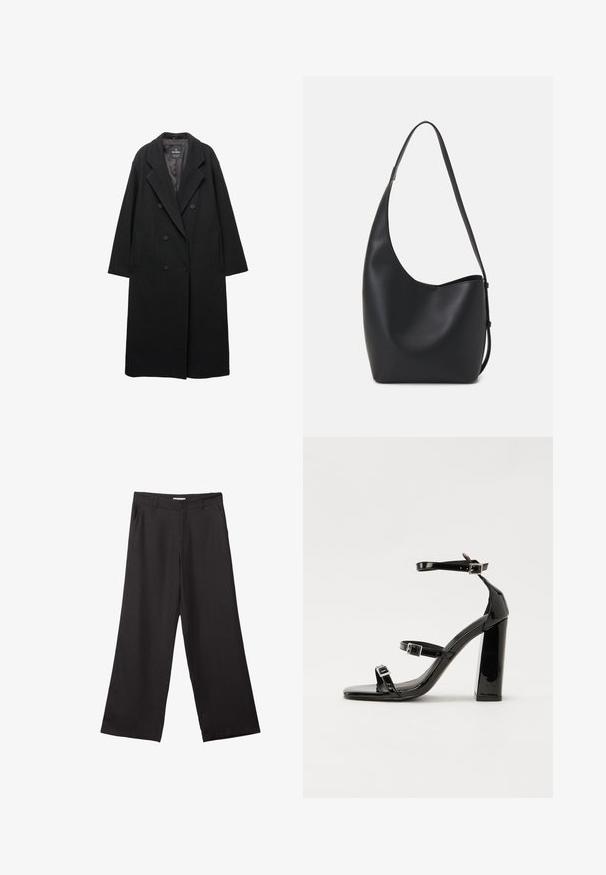Double-breasted black coat made of wool blend. Features large notched lapels, side pockets, and a slightly oversized silhouette.; Plain short-sleeve black cotton T-shirt with crew neck, displayed on a white background.; Black wide-leg trousers made of smooth fabric, featuring a front zipper and two side pockets, with a tailored fit and minimalistic design.; Black patent heeled sandals with a square toe, ankle straps, and silver buckles. Features a chunky block heel for stability.; Black leather hobo bag with a smooth texture, curved shape, and single adjustable strap; features a wide opening at the top.