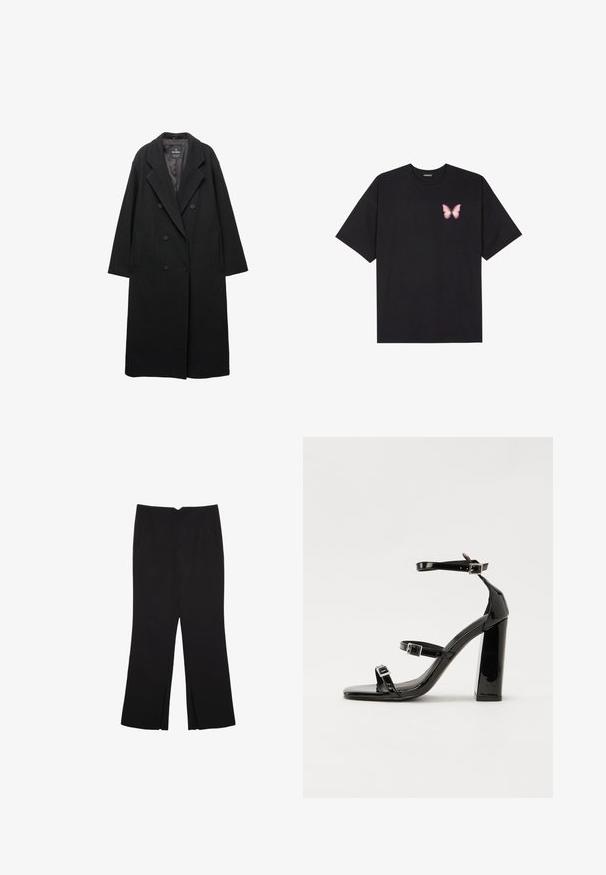 Černý dvojřadý kabát z vlněné směsi. Obsahuje velké klopy, boční kapsy a mírně oversize siluetu.; Černé bavlněné tričko s krátkým rukávem, na levém prsou s malou grafikou růžové motýlky. Design s kruhovým výstřihem a volným střihem.; Černé kalhoty s rovným střihem, s předními kapsami a bočními rozparky na lemu. Vyrobené z jemné, hladké tkaniny. Vhodné na různé příležitosti.; Černé lakované sandály na vysokém podpatku se dvěma pásky se sponami, čtvercovou špičkou a robustním blokovým podpatkem, s hladkou, lesklou texturou.