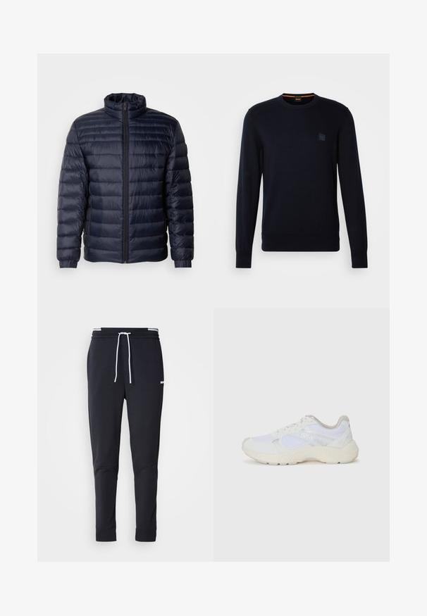 Jūrų laivyno pūkinė striukė su aukštu apykakle, siuvinėtu dizainu, priekiniais užtrauktukais ir pynimo rankovėmis. Lygus paviršius su lengvos išvaizdos efektu.; Tamsiai mėlynas megztinis su ilgomis rankovėmis, apvaliu iškirpimu, kantais ant rankovių ir apačios, su mažu kvadratiniu logotipo ženkleliu krūtinėje.; Juodi liekni džinsai su balta raišteliu, elastinga juosmens juosta su baltais raštais ir maža balta logotipu viršutiniame šlaunies taške.; Balti sportiniai bateliai, pagaminti iš tinklinės medžiagos ir zomšos, su tekstūruotu viduriu, tekstūruotais akcentais ir „HUGO“ logotipu šone.