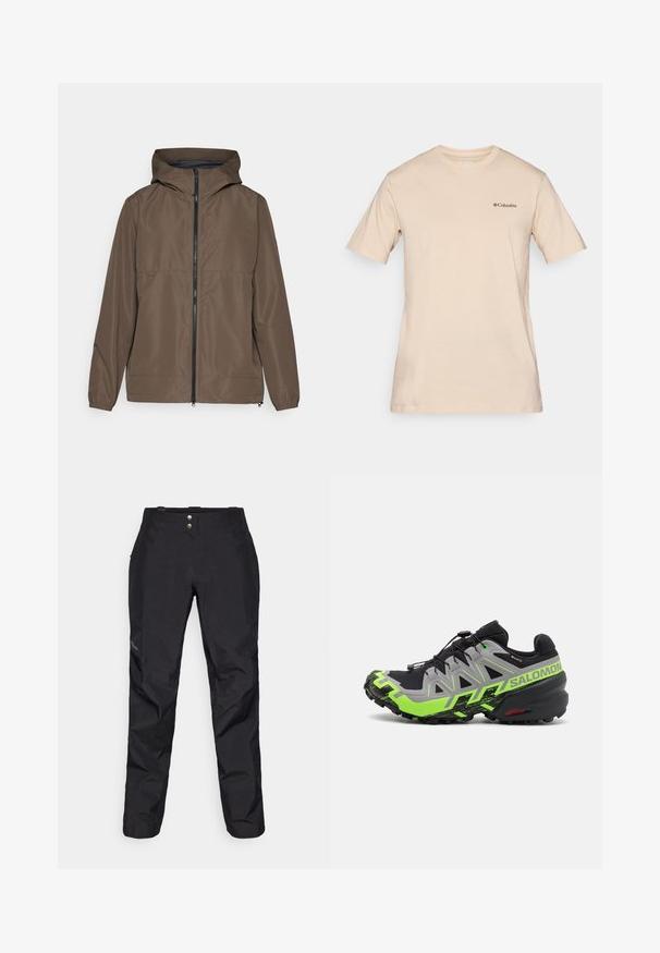 Leichte braune Jacke mit Kapuze, Frontreißverschluss, elastischen Bündchen und einer Brusttasche. Hergestellt aus glattem, wasserabweisendem Material.; Beige T-Shirt mit kurzen Ärmeln aus Baumwolle, versehen mit einem kleinen schwarzen Columbia-Logo auf der linken Brust. Klassisches Rundhalsausschnitt-Design.; Schwarze wasserdichte Hose mit glatter Textur, ausgestattet mit zwei vorderen Knöpfen und schmal zulaufendem Bein-Design. Mit einem Logo an der Seite akzentuiert.; Schwarzer und grauer Trail-Laufschuh mit leuchtend grünen Akzenten, ausgestattet mit einer strukturierten Sohle, einem fortschrittlichen Schnürsystem und einem robusten Design.