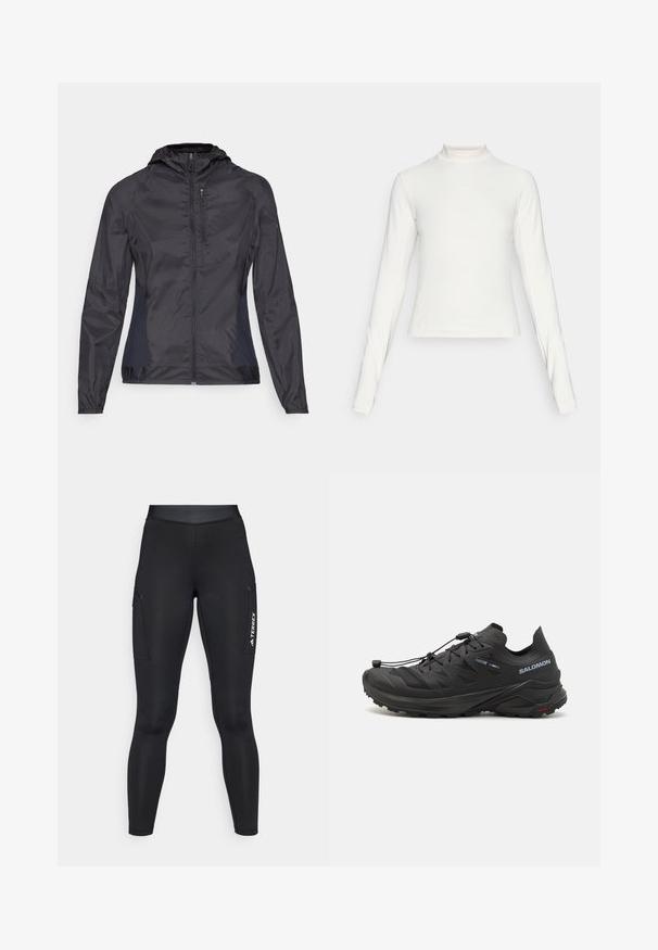 Giacca a vento nera con cappuccio, cerniera anteriore, polsini elastici e pannelli laterali a contrasto. Tessuto liscio e leggero.; Maglia atletica bianca a maniche lunghe con colletto alto e piccolo logo centrato sul petto, esposta su uno sfondo neutro.; Leggings sportivi neri con un design aderente, realizzati in materiale elastico. Presentano tasche laterali e il marchio bianco "TERREX".; Scarpe da trail running nere con una parte superiore testurizzata, pannelli in rete e un sistema di chiusura sicuro. Presentano una suola robusta per una buona trazione.