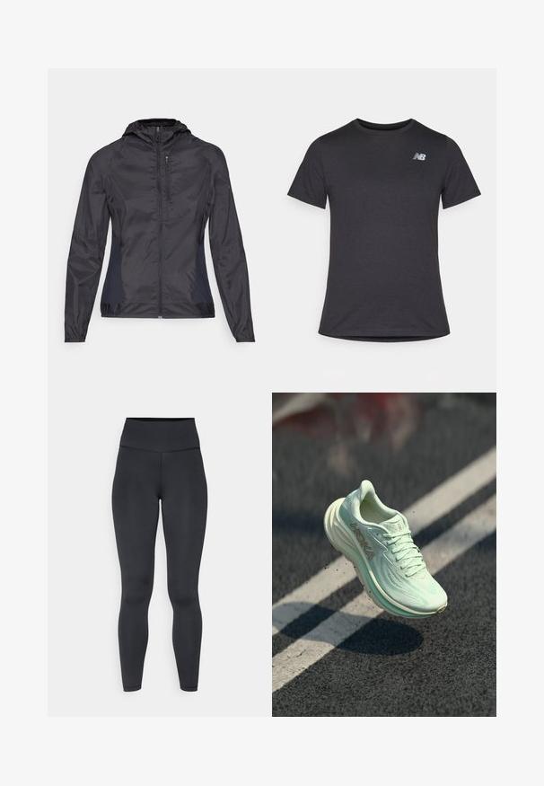 Fekete széldzseki kapucnival, elöl cipzárral, rugalmas mandzsettákkal és kontrasztos oldalpanelekkel. Simább, könnyű szövet textura.; Fekete, rövid ujjú póló puha anyagból, a bal felső mellrészen egy kis szürke New Balance logóval, klasszikus kerek nyakú fazonnal.; Magas derekú fekete leggings, rugalmas anyagból készült, sima textúrával és testhezálló dizájnnal, minimális varrási részletekkel.; HOKA futócipő világos mentazöld színben, texturált hálós felsőrésszel, lekerekített orral, párnázott talppal és kiemelkedő logóval az oldalán.