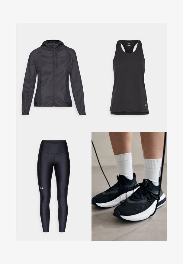 Mustankatten, millel on kapuuts, eesneelja, elastsed mansetid ja kontrastsed külgpaneelid. Sile, kerge kangas.; Must värviline sportlik tank top ümarate kaeluste ja võistlusel seljaga disainiga, valmistatud tekstureeritud kangast. Sisaldab väikest logo alumises paremas nurgas.; Mustad mustad, venitatud materjalist, kõrge vöökoht. Vasakul reie kohal on valge logo ning tihe disain.; Mustad mustad jalanõud tekstuuritud kangast, valge tallaga ja mustade paeltega. Kanna valgete soonikkudega sokkide sisse, seistes helesinisel pinnal.