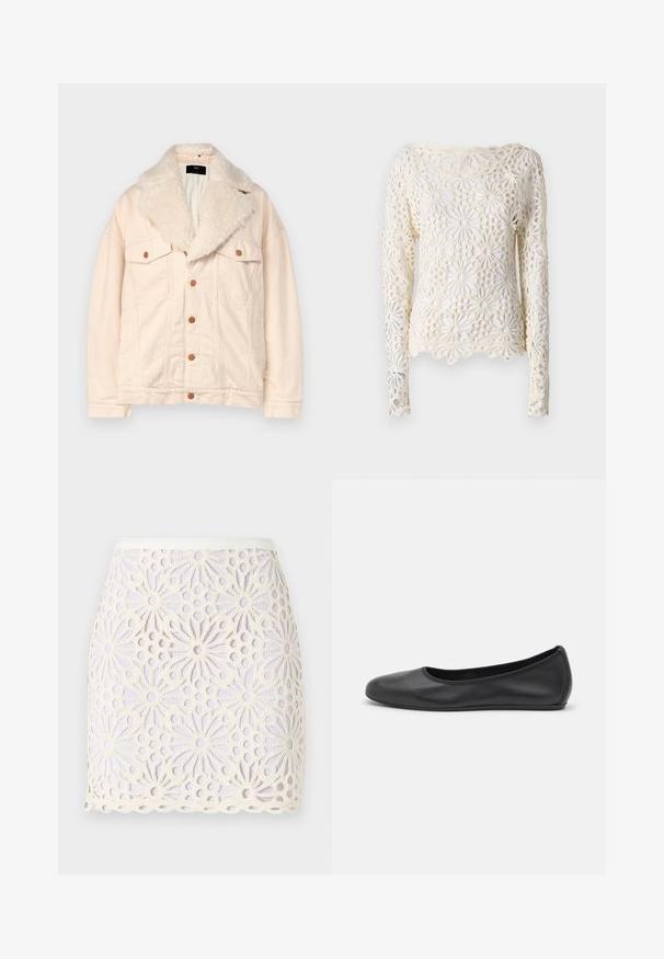 Bēšas denim jaka ar mākslīgu lāču apkakli, divām krūšu kabatām un brūnām pogām. Audums ir mīksts, ar brīvu piegriezumu un gludu apdari.; Norma Kamali Tops ar garām piedurknēm - cream; Balta mežģīņu mini svārku ar ziedu rakstiem un izgriezumiem. Apakša ir viļņota, un jostasvieta ir gluda ar nelielu spīdumu.; Melna ādas baleta kurpe ar noapaļotu purngalu, gludu tekstūru, minimālu šuvju detalizāciju un elastīgu zoles dizainu.