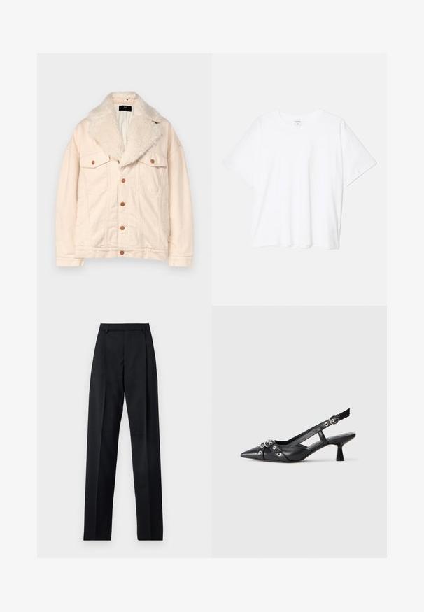 Veste en denim beige avec un col en fausse fourrure, deux poches poitrine et des boutons marron. La texture est douce avec une coupe décontractée et une finition lisse.; T-shirt en coton blanc avec des manches courtes, un col rond, une coupe décontractée et un ourlet cousu. Étiquette visible à l'intérieur du col.; Pantalon noir en tissu lisse avec taille haute, jambes larges, plis à l'avant et passants de ceinture classiques. Pas de poches latérales visibles.; Chaussure slingback en cuir noir avec un bout pointu, des sangles décoratives avec œillets en métal et un petit talon carré. Surface texturée.