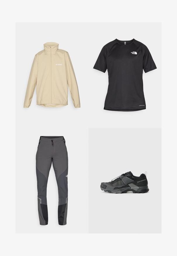 Beež kerge jope kõrge kaelusega, täispikk tõmblukk ees ja elastsed mansetid; vasakul rinnal on väike valge logo.; Must mustreening, lühikeste varrukatega sportpoliis, millel on tekstuuriga kangas, valge logo vasakul rinnal ja sirge äär.; Hallkonnad hallid matkapaid, millel on kitsenev disain, mitmed taskud ja kontrastsed tumedat halli ning musta aktsendid. Valmistatud paindlikust ja vastupidavast materjalist.; Musta matkajooksuking, millel on vastupidav sissetõmmatav mesh-ülemine osa, tugevdatud varbavarras, tekstureeritud kummitald ja elastne sidumisüsteem kindla sobivuse tagamiseks.