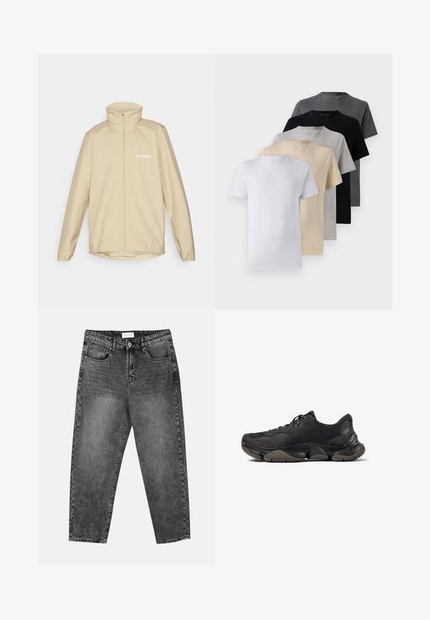 Lys beige lett jakke med høy krage, hel glidelås foran og elastiske mansjetter; har en liten hvit logo på venstre bryst.; Sett med fem kortermede t-skjorter i hvit, beige, lys grå, mørk grå og svart. Laget av glatt bomull, med rund hals design.; Svarte, tvättade, rette jeaner med front- og baklommer, beltehemper og knappelukking i livet.; Svart atletisk sneakers med teksturert såle, overdel i lær og semsket skinn, polstret krage og snøring, vist i sideprofil.