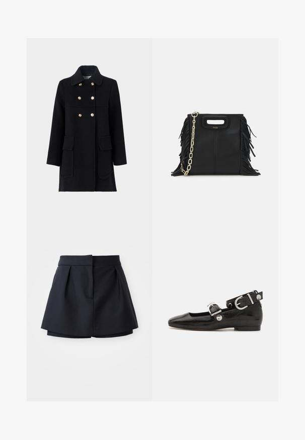 Mustan villakangastakin, jossa on lovettu kaulus, kaksinkertainen kultapainonappisuljin, kaksi läpällistä taskua ja suora leikkaus. Sileä pinta, minimalismi.; Laadukas tummansininen farkku-paita, jossa on tukeva kaulus, lyhyet hihat ja kaksi etutaskua, joissa on nepparit; valkoiset ompeleet korostavat tyyliä.; Laivaston siniset laskostetut shortsit korkealla vyötäröllä, jotka on valmistettu sileästä kankaasta. Ominaisuuksiin kuuluvat istuva malli ja piilotettu etutasku.; Musta patenttinahkainen tasapohjainen kenkä suoralla varvastyöllä, nilkkahihna hopeisilla yksityiskohdilla ja tasainen pohja. Sileä pinta ja minimalistinen muotoilu.; Musta nahkakäekott, millel on frantsiisidetailid, kuldne õlgade rihm ja lõikega käepide. Ees on logo paigutus.