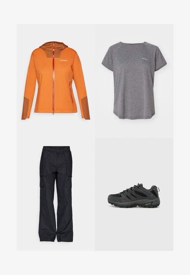 Oranža mīkstā apģērba jaka ar brūnu kapuci, pilna rāvējslēdzēja aizvēršana, sānu kabatas un kontrastējošas brūnas akcenti uz piedurknēm.; Pelēka īsām piedurknēm krekls ar smalku teksturētu rakstu, apļveida kakla izgriezumu un Columbia logo uz krūtīm. Mīksta auduma, brīvā piegriezumā.; Columbia BREA FALLS™ COTTON RIPSTOP PANT - Āra bikses - black; Columbia REDMOND - Pārgājienu apavi - black/citron haze