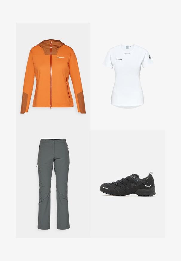 Orange softshell jakke med en brun hætteindsats, fuld lynlås lukning, sidelommer og kontrasterende brune detaljer på ærmerne.; Kortærmet hvid sportsshirt med rund hals, prydet med et logo på brystet og en glat, let stofstruktur.; Grå udendørsbukser lavet af letvægts, struktureret stof; har lynlås lommer og en tætsiddende design med lige ben.; Sorte vandresko med en tekstureret stofoverdel, snøresystem og robust gummisål. Accenteret med reflekterende detaljer og logoer.