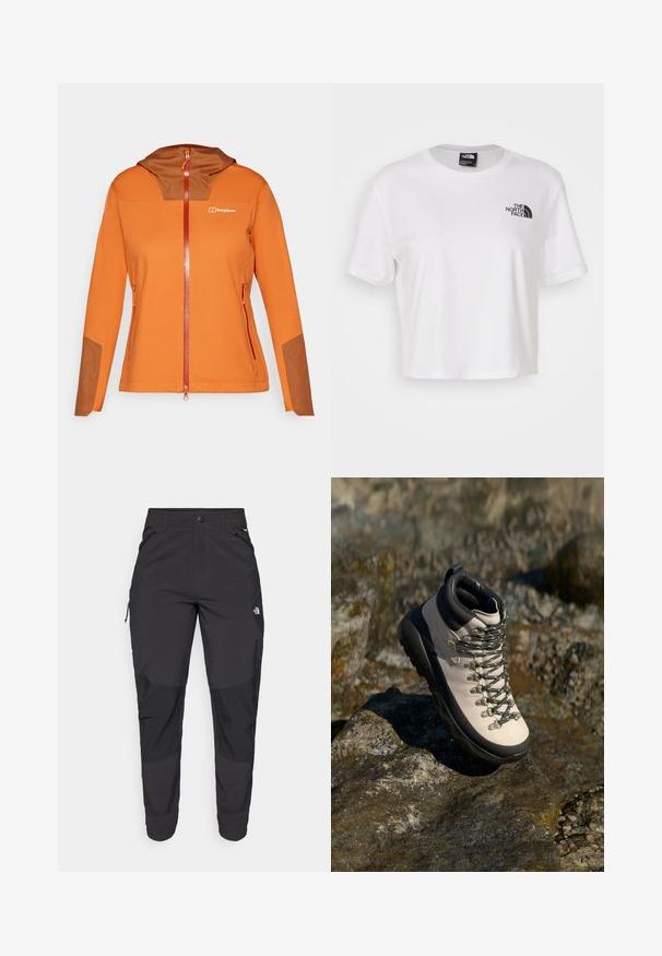 Oranžová softshellová bunda s hnedou vložkou na kapucni, plný zips, bočné vrecká a kontrastné hnedé akcenty na rukávoch.; Biela skrátená tričká vyrobené z bavlny s okrúhlym výstrihom a krátkymi rukávmi. Obsahuje čierne logo na ľavej hrudi.; Čierne vonkajšie nohavice vyrobené z odolného materiálu. Obsahujú vrecká na zips, zosilnené kolenné panely a rovný strih pre pohyblivosť.; Svetlo béžová turistická obuv s čiernou gumovou podrážkou, flexibilným zvrškom, kovovými očkami a šedými šnúrkami, umiestnená na skalnatom povrchu.