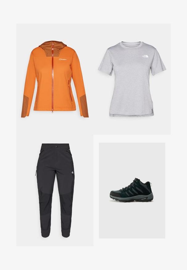 Orange softshell jacket with a brown hood insert, full zip closure, side pockets, and contrasting brown accents on the sleeves.; Grey short-sleeve t-shirt made of soft, moisture-wicking fabric. Features a crew neck and a small white logo on the upper left.; Black outdoor pants made of durable fabric. Feature zippered pockets, reinforced knee panels, and a straight cut design for mobility.; Columbia REDMOND - Hiking shoes - black/citron haze