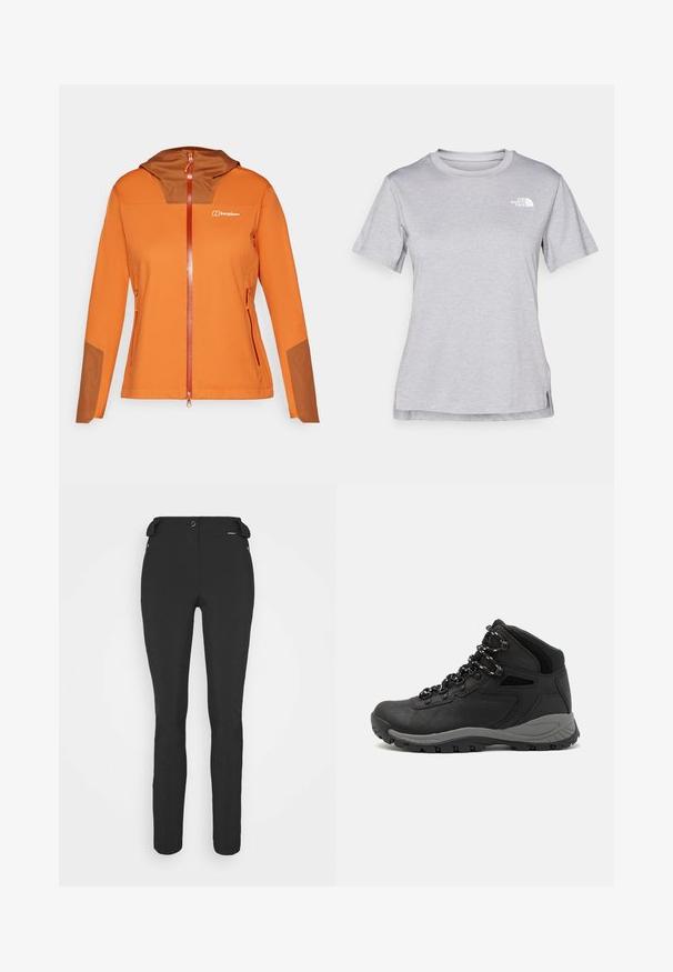 Oransje softshell-jakke med brun hetteinnsats, full glidelås, sidelommer og kontrasterende brune detaljer på ermene.; Grå kortermet t-skjorte laget av myk, fukttransporterende stoff. Har en rund hals og en liten hvit logo på øvre venstre side.; Svart, tettsittende bukser laget av et fleksibelt materiale. Funksjoner inkluderer en glidelåslukket sidelomme, artikulerte knær og en glatt tekstur.; Sorte turstøvler med mid-topp design, som har en teksturert overdel, grå detaljer og slitesterk gummisåle med godt grep.