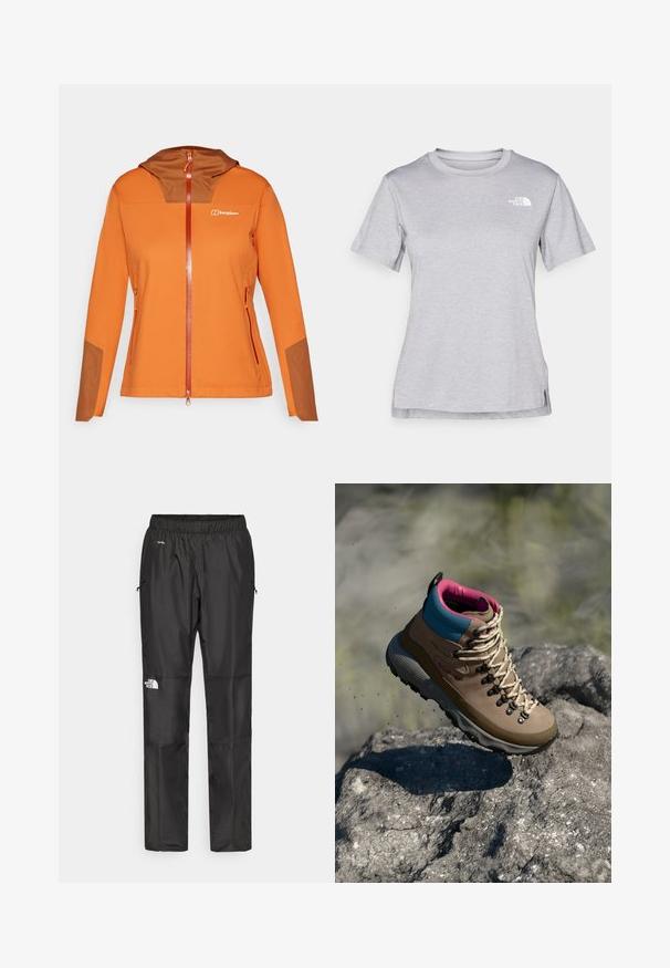 Giacca softshell arancione con inserti marroni nel cappuccio, chiusura a zip completa, tasche laterali e dettagli a contrasto marroni sulle maniche.; T-shirt grigio a maniche corte realizzato in morbido tessuto traspirante. Presenta un collo tondo e un piccolo logo bianco nella parte superiore sinistra.; Pantaloni impermeabili neri realizzati in tessuto leggero, dotati di cintura elastica, tasche laterali e un logo sulla gamba sinistra.; Stivale da trekking marrone con accenti blu e rosa, caratterizzato da una tomaia texturizzata, suola in gomma grigia e un sistema di allacciatura prominente.
