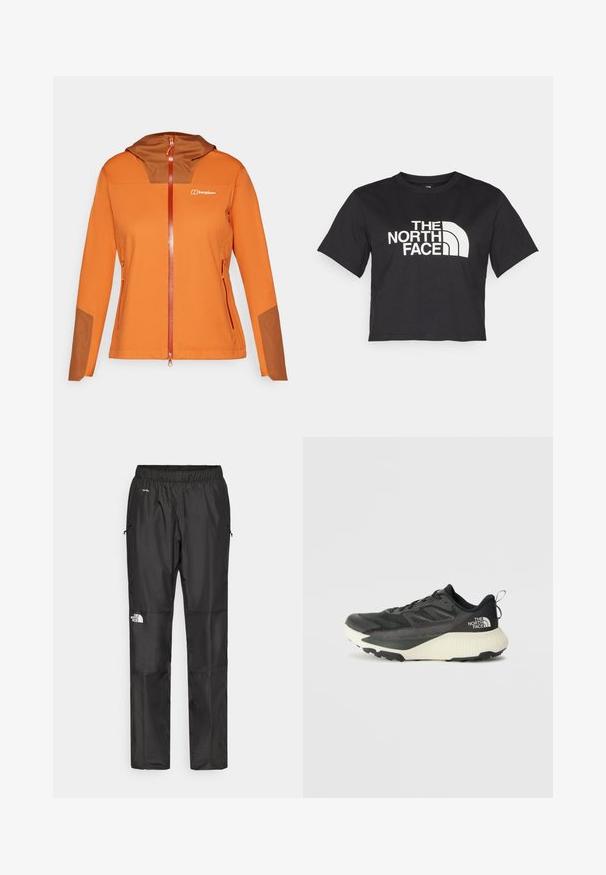 Oranžová softshellová bunda s hnedou vložkou na kapucni, plný zips, bočné vrecká a kontrastné hnedé akcenty na rukávoch.; Čierne skrátené tričko z bavlny, s bielym logom s krivkami a textom "THE NORTH FACE" na prednej strane. Krátke rukávy, okrúhly výstrih.; Čierne vodeodolné nohavice vyrobené z ľahkej tkaniny, s elastickým pásom, bočnými vreckami a logom na ľavom stehne.; Čierna atletická obuv s textúrovaným vrchom, s šedými akcentmi a bielou medzipodrážkou. Obsahuje pútko a výrazné logo značky na päte.