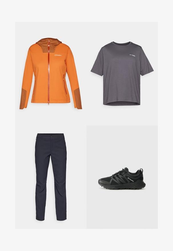 Oranje softshell jack met een bruine capuchoninzet, volledige ritssluiting, zijzakken en contrasterende bruine accenten op de mouwen.; Grijze T-shirt met korte mouwen van gladde stof. Heeft een ronde halslijn en een klein logo dat op de borst is gedrukt.; Navyblauwe broek van gladde stof, met een sluiting aan de voorkant met een knoop, slim-fit ontwerp en geplooide details bij de knieën.; Columbia PEAKFREAK - Outdoorschoenen - black