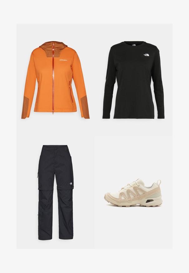 Orange softshell jakke med en brun hætteindsats, fuld lynlås lukning, sidelommer og kontrasterende brune detaljer på ærmerne.; Sort langærmet t-shirt lavet af bomuld med rund hals. Har et lille hvidt logo på venstre brystområde. Enkel design og pasform.; Sorte nylon cargo bukser med lynlås, justerbare manchetter, flere lommer og et logo på højre ben. Glat, let tekstur.; Beige og creme atletiksko med struktureret mesh-overdel, støttende overlays og gummiyderside med et mønster for trækkraft.