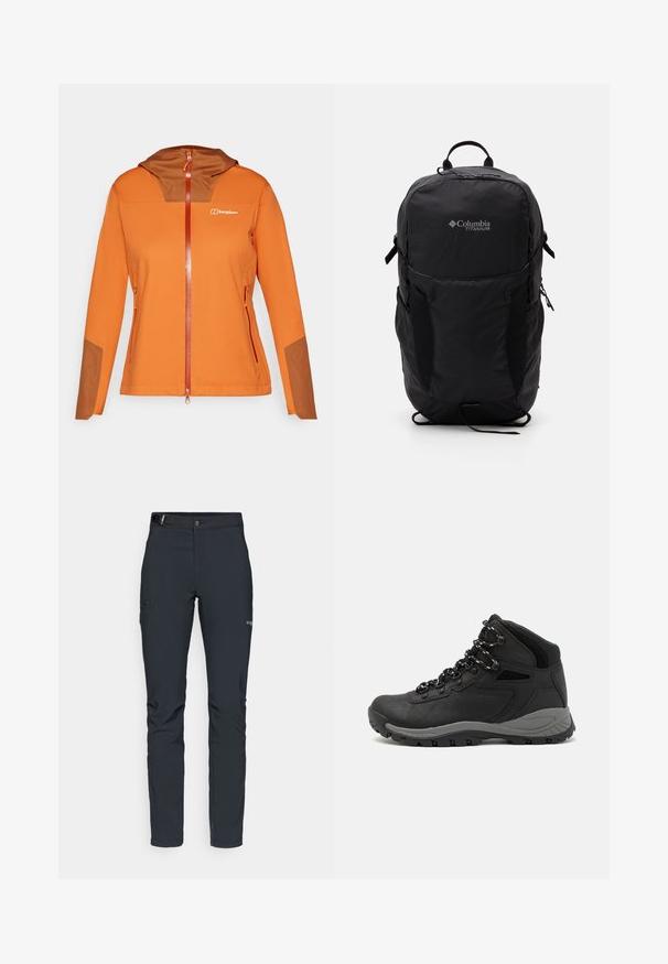 Orange softshell jacket with a brown hood insert, full zip closure, side pockets, and contrasting brown accents on the sleeves.; Black Columbia t-shirt with white circular mountain and river line art and text "Columbia Sportswear Company Outside Since 1938."; Men's outdoor pants, dark gray, made from flexible material, featuring a belt, zippered pockets, and reinforced stitching.; Black hiking boot with a mid-top design, featuring a textured upper, gray accents, and durable rubber sole with traction lugs.; Black Columbia Titanium backpack with a smooth fabric texture, side pockets, top handle, and adjustable straps. Minimalist design with subtle branding.