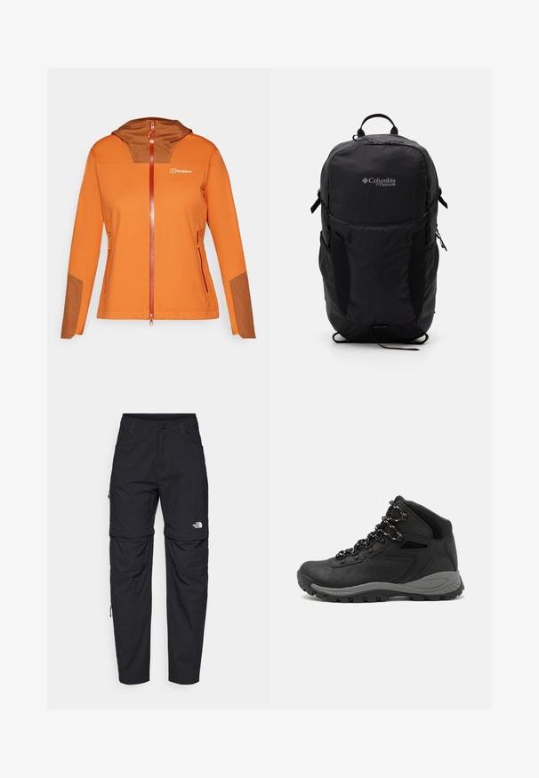Casaco softshell laranja com um interior do capuz em castanho, fecho de correr total, bolsos laterais e detalhes contrastantes em castanho nas mangas.; T-shirt preto da Columbia com arte em linha branca circular representando montanhas e rios, e o texto "Columbia Sportswear Company Outside Since 1938."; Calças pretas com zíper removível, feitas de um tecido leve. As características incluem um fecho de botão, bolsos e o logótipo "The North Face" na perna.; Bota de caminhada preta com design de cano médio, apresentando um upper texturizado, detalhes cinzentos e sola de borracha durável com cravos de tração.; Mochila Black Columbia Titanium com uma textura de tecido suave, bolsos laterais, pega superior e alças ajustáveis. Design minimalista com uma marcação subtil.