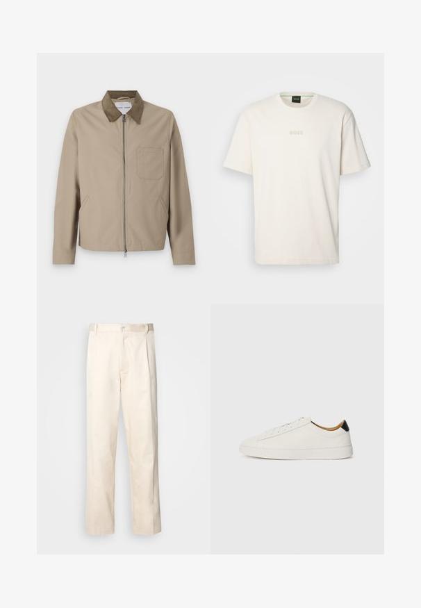 Beige jacket with a brown suede collar, front zipper, two side pockets, and a chest pocket. Smooth texture and modern design.; BOSS TEE - Basic T-shirt - open white; Beige cotton trousers with a straight-leg cut, featuring a button closure and pleats at the front for added detail.; White sneaker with a smooth leather upper, round toe, and flat sole. Black accent at the heel, featuring tonal laces and minimal branding.
