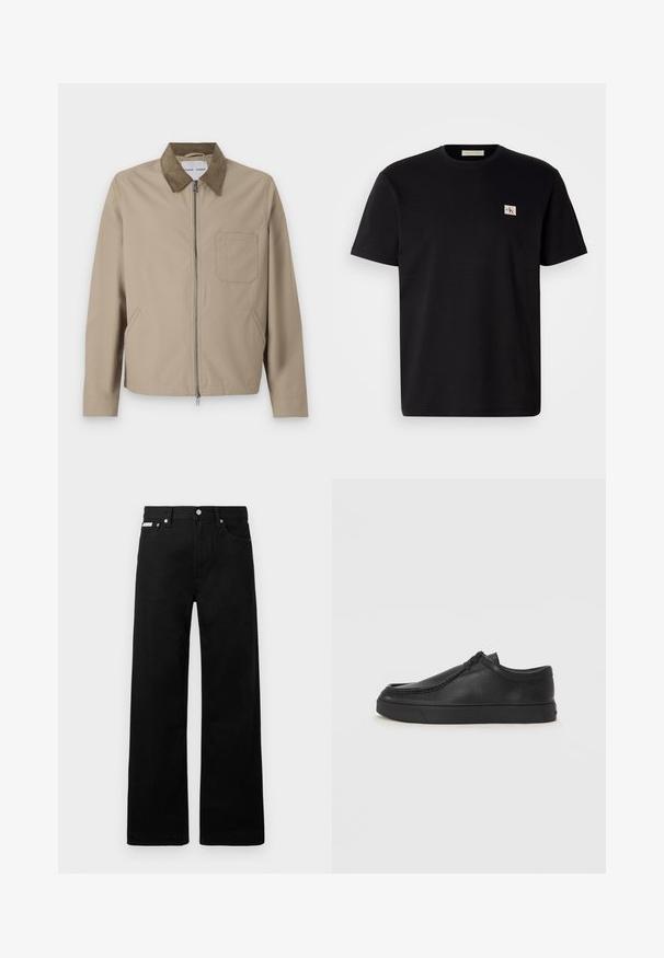Beige dzseki barna velúr gallérral, elülső cipzárral, két oldalsó zsebbel és egy mellzsebbel. Sima textúra és modern dizájn.; Fekete pamut póló rövid ujjal, kerek nyakkivágással, és egy kis hímzett logóval a bal oldali mellrészén. Sima tapintású, normál szabású.; Fekete farmernadrág széles szabással, öt zsebbel és fém gombos díszítéssel. Sima felület, látható minták nélkül.; Fekete bőr slip-on cipő lekerekített orral, varrott részletekkel és fekete gumitalppal. Simaság és minimalista dizájn jellemzi.