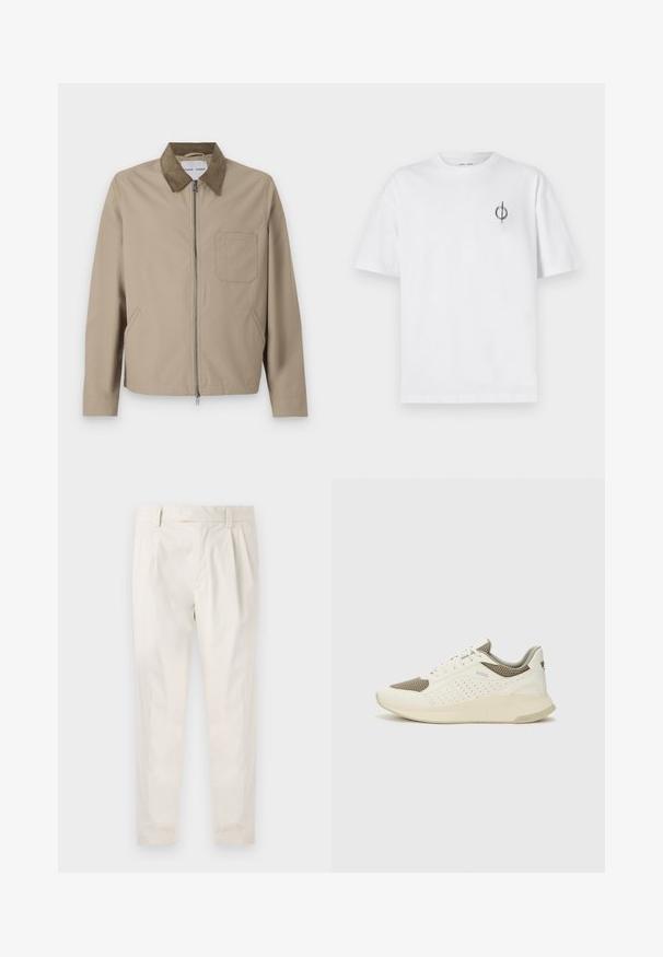 Béžová bunda s hnedým semišovým golierom, predným zipsom, dvoma postrannými vreckami a vreckom na hrudi. Hladká štruktúra a moderný dizajn.; Biela bavlnená tričko s voľným strihom, s malým čiernym grafickým logom na ľavej strane hrudníka. Krátke rukávy, okrúhly výstrih.; Biele plisované nohavice s prispôsobeným strihom, s hladkou textúrou, pútkami na opasok a zúženými nohavicami. Žiadne viditeľné vrecká ani vzory.; Biele a svetlo béžové športové tenisky s hornou časťou z mriežkového materiálu, perforovanými detailmi a textúrovanou medzipodrážkou s logom na päte.