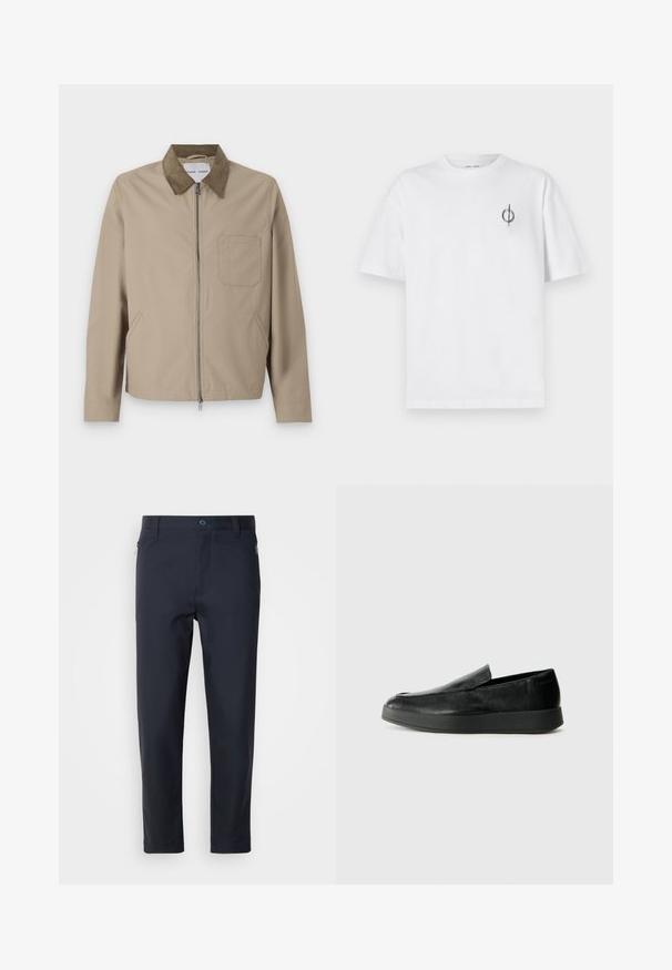 Šviesiai ruda striukė su rudu zomšiniu apykakle, priekyje užtrauktukas, dvi šoninės kišenės ir krūtinės kišenė. Lygus paviršius ir modernus dizainas.; Balta medvilninė marškinė su laisvu siluetu, su mažą juodą grafiką logotipą kairėje krūtinės pusėje. Trumpomis rankovėmis, apvaliu kaklu.; Tamsiai mėlynos pritaikytos kelnės, pagamintos iš sklandžios medžiagos, su užtrauktuku užsegama kišene, tiesiomis kojomis ir mygtuko užsegimu juosmens srityje.; Calvin Klein HYBRID CUP - Įmautiniai batai - triple black