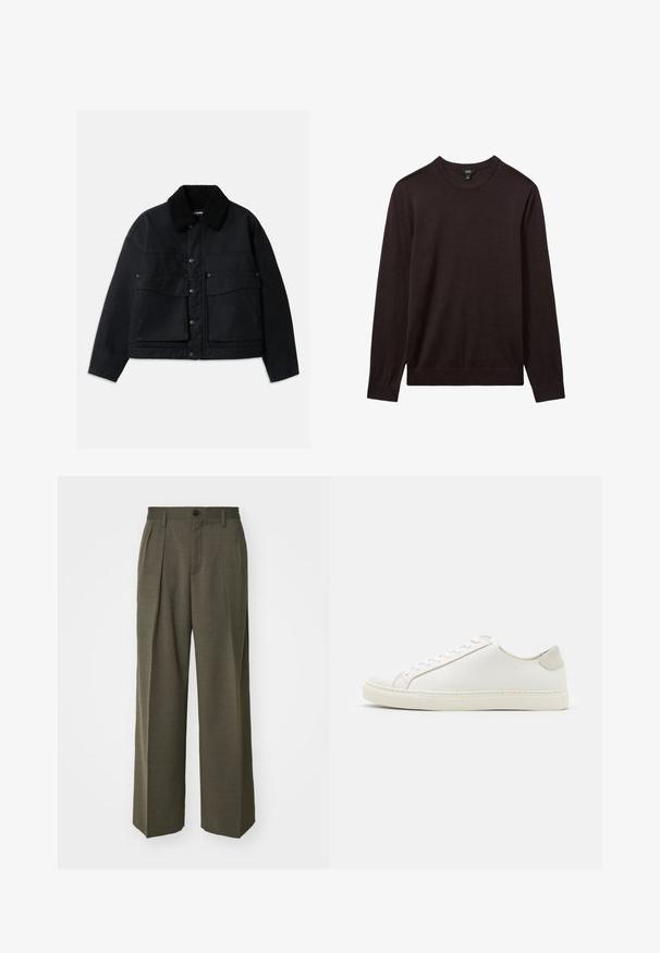 Schwarze Jacke mit einem strukturierten, schwarzen Schafsfellkragen. Verfügt über eine Frontknopfverschluss und zwei große Brusttaschen. Das Material wirkt robust.; Reiss Strickpullover - dark bordeaux; Filippa K WIDE TROUSERS - Stoffhose - driftwood; Weiße Leder Sneakers mit glatter Oberfläche, runder Zehenform und minimalistischem Design. Mit beigen Akzenten an der Ferse und einer Gummisohle.