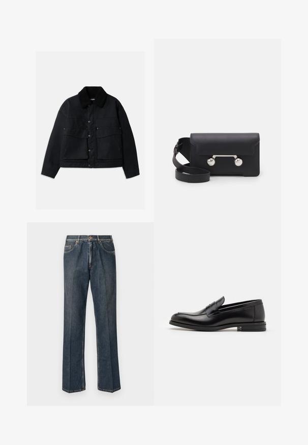 Chaqueta negra con un cuello de shearling negro texturizado. Presenta un cierre frontal con botones y dos grandes bolsillos en el pecho. El material parece resistente.; Suéter de punto color crema con cuello de polo, puños y dobladillo acanalados, que presenta un tapeta frontal y una textura suave.; Vaqueros de mezclilla de pierna recta en azul oscuro con botón frontal, cremallera, dobles bolsillos frontales y pliegues verticales visibles a lo largo de las piernas.; Mocasines de cuero negro con una textura suave, puntera redondeada y una tira decorativa en el empeine. Tacón bajo apilado, diseño minimalista.; Bolso cruzado de cuero negro con cierre de solapa, herrajes en tono plata y dos acentos redondos. Cuenta con una correa desmontable. Textura suave.