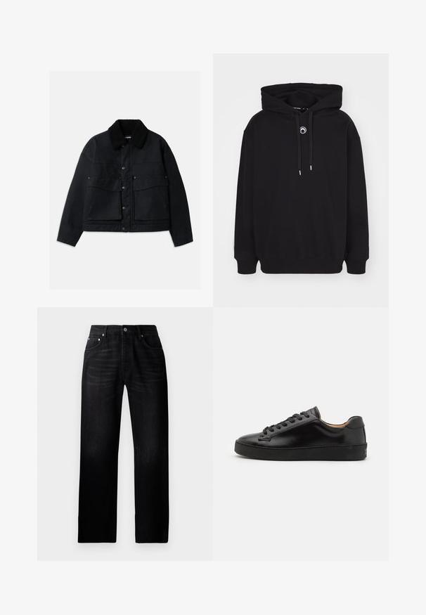Veste noire avec un col en shearling texturé noir. Présente une fermeture à boutons sur le devant et deux grandes poches poitrine. Le matériau semble robuste.; Sweat-shirt noir avec capuche, équipé d'un cordon de serrage à l'avant, de poignets et d'un ourlet côtelés, et d'un petit détail circulaire brodé sur la poitrine.; Jean noir à jambe droite en denim avec une texture délavée, design à cinq poches et fermeture à bouton en métal à la taille.; Baskets en cuir noir avec une finition lisse, bout arrondi et lacets noirs. Présente un branding minimal sur le talon et une semelle en caoutchouc.