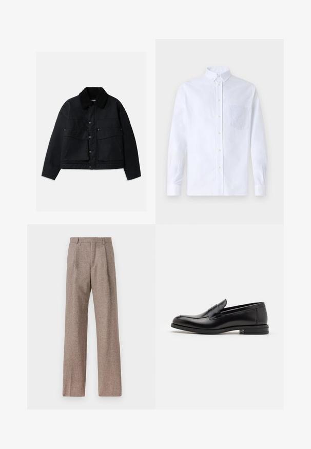 Schwarze Jacke mit einem strukturierten, schwarzen Schafsfellkragen. Verfügt über eine Frontknopfverschluss und zwei große Brusttaschen. Das Material wirkt robust.; Weißes Langarm-Hemd mit Knöpfen aus Baumwolle, ausgestattet mit einer Brusttasche mit tonalem Stickerei, einem Kragen und Knopfmanschetten.; Braune, hochtaillierte Hose aus strukturiertem Stoff. Mit weitem Bein und zwei vorderen Bügelfalten für zusätzliche Form. Saubere Verarbeitung ohne sichtbare Hardware.; Schwarze Lederloafers mit glatter Textur, rundem Zehenbereich und einem dekorativen Riemen über dem Vorderfuß. Niedriger, gestapelter Absatz, minimalistisches Design.