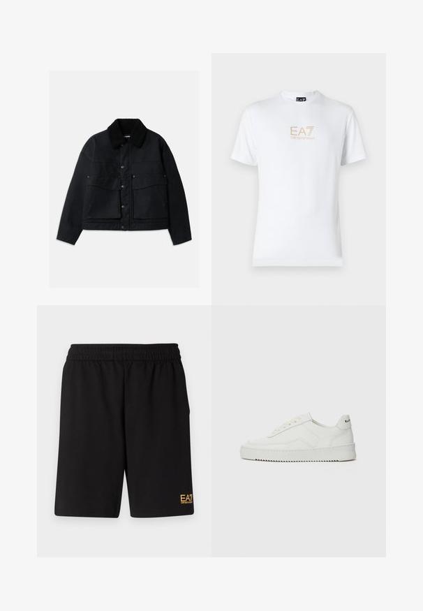 Giacca nera con colletto in shearling nero dalla texture. Presenta una chiusura frontale con bottoni e due grandi tasche sul petto. Il materiale sembra resistente.; T-shirt bianco in cotone con scollatura rotonda e maniche corte, con il logo oro EA7 Emporio Armani stampato sul fronte.; Pantaloni sportivi neri realizzati in tessuto morbido, con vita elastica e un piccolo logo EA7 giallo sulla parte bassa della gamba sinistra.; Sneaker in pelle bianca con una finitura liscia, punta rotonda, lacci piatti e suola testurizzata. Presenta un logo discreto sul tallone.