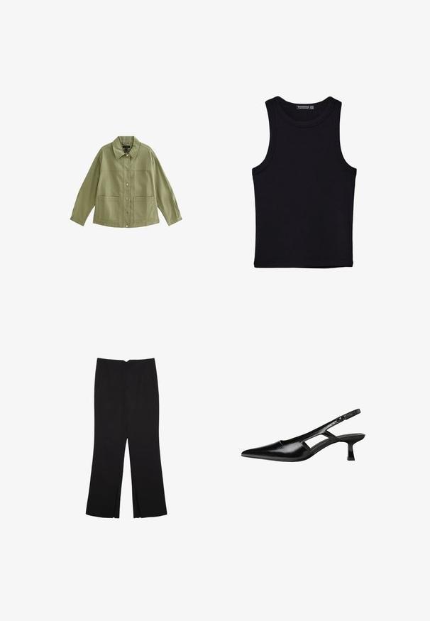 Giacca verde oliva in cotone, con colletto, chiusura frontale con bottoni a pressione e due grandi tasche applicate.; Canotta nera in cotone, caratterizzata da un colletto rotondo e ampi giromanica. Texture liscia con orli cuciti. Design classico e minimalista.; Pantaloni neri a gamba dritta, con tasche frontali e spacchi laterali all'orlo. Realizzati in tessuto morbido e liscio. Adatti a diverse occasioni.; Tacchi slingback in pelle verniciata nera con punta affusolata, design con tagli laterali e tacco quadrato piccolo. Texture liscia con dettagli minimi.