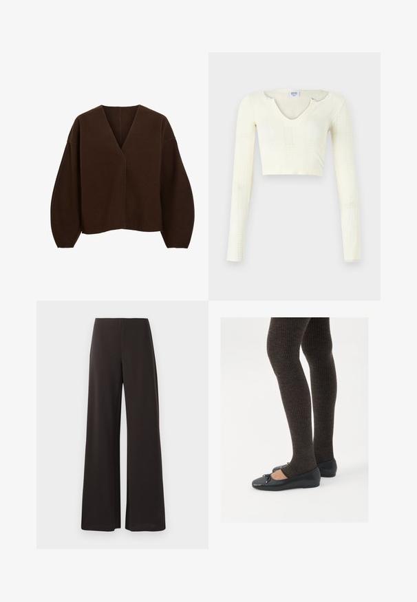Brun, overdimensjonert genser med V-hals og lange, ballonglignende ermer. Laget av myk stoff med en jevn tekstur og minimale søm detaljer.; Crop top i off-white strikkemateriale. Lange ermer med ribbet tekstur og små utskjæringer rundt halslinjen.; Sorte vide bukser laget av glatt, elastisk stoff. Har høy midje og et rent, minimalistisk design uten synlige lukkinger.; Sorte flate sko med en liten sløyfedetalj på tåen, kombinert med mørkebrune ribbede strømpebukser. Skoene har en glatt overflate og lav profil.