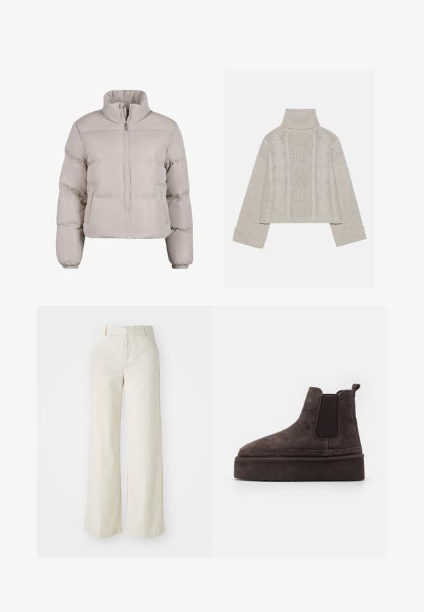 Lys beige dunjakke med høy krage, hel frontglidelås og elastiske mansjetter. Har sydd seksjoner for isolasjon.; Kuttet, lys grå strikkegenser med høy krage og ribbede mansjetter, med teksturerte kabelmønstre nedover baksiden og sidene.; Bredde bukser i en lys beige farge, laget av et glatt stoff. Har en klassisk linning og flat front med rene linjer.; Brune sømde Chelsea støvler med elastiske sidepaneler og en tykk, teksturert plattformsåle. Har en pull-tab bak for enkel påføring.