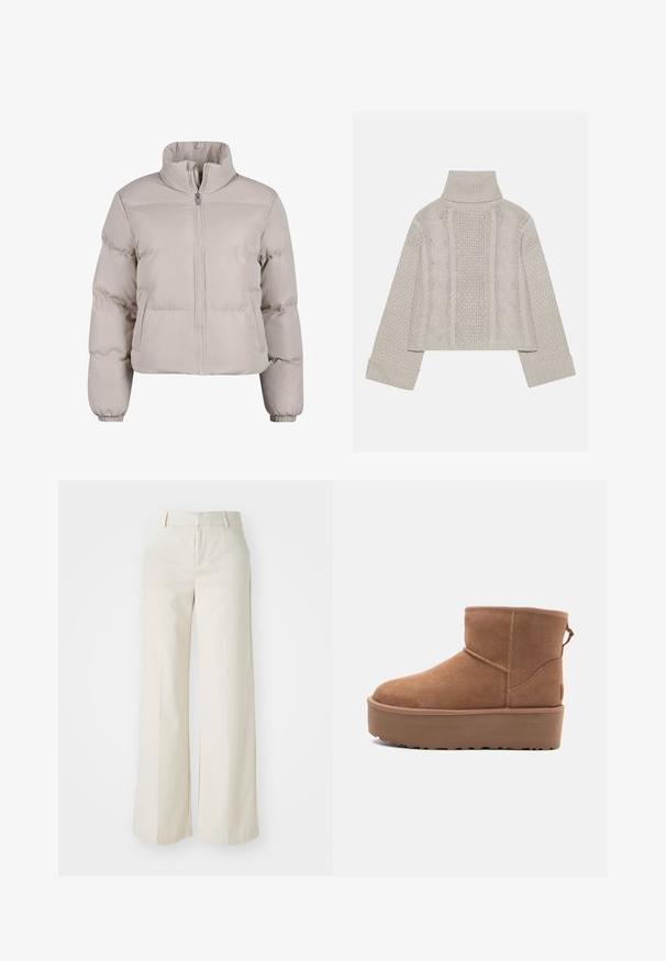 Svetle béžová péřová bunda s vysokým límcem, plným předním zipem a elastickými manžetami. Obsahuje prošívané části pro izolaci.; Zkrácený svetřík v světle šedé barvě z pleteniny s vysokým límcem a žebrovanými manžetami, se strukturovanými kabelovými vzory na zádech a bocích.; Kalhoty s širokými nohavicemi v jasně béžové barvě, vyrobené z hladkého materiálu. Mají klasický pas a plochý přední díl s čistými liniemi.; Hnědé semišové kotníkové boty s platformou, zaoblenou špičkou a prošíváním; mají poutko vzadu pro snadné obouvání.